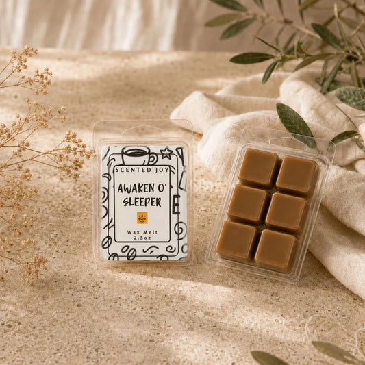 Scented Joy 'Awaken O' Sleeper' coffee-scented wax melts in aesthetic setting.