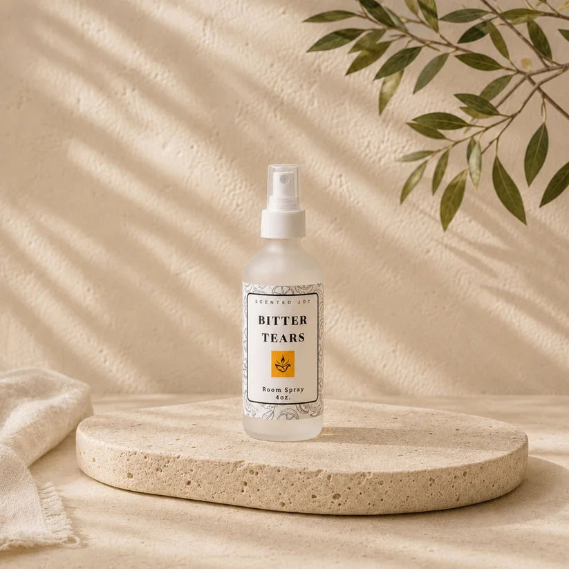 Bitter Tears room spray by Scented Joy on a stone pedestal with aesthetic leaf shadows.