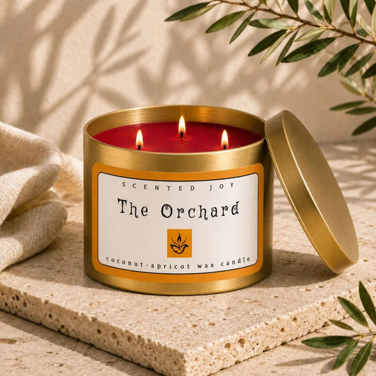 Scented Joy The Orchard three-wick coconut-apricot wax candle in gold tin on stone.