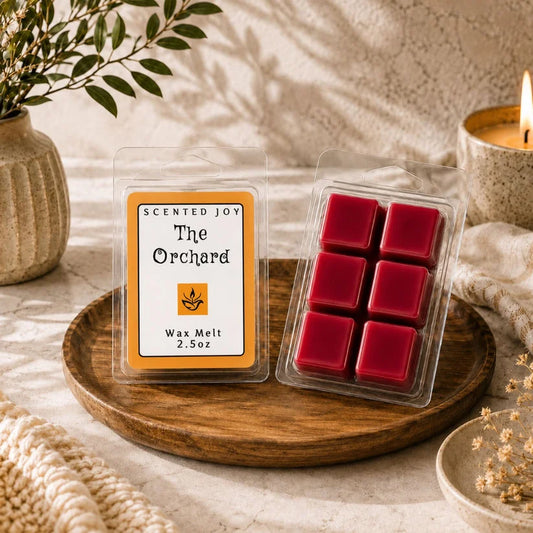 Two wax melt packages displayed on a round wooden tray. One package shows the front label reading 'Scented Joy The Orchard' with a white label and orange border.