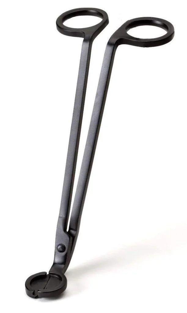 Matte black metal candle wick trimmer with finger loops on white background.