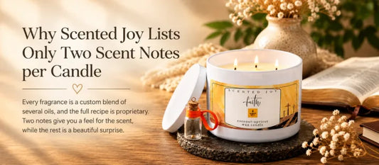 Scented Joy Faith 3-wick coconut-apricot wax candle next to an open Bible