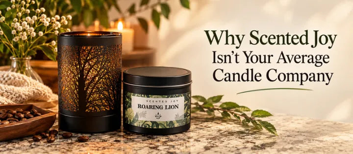 Scented Joy Roaring Lion candle and decorative tree-patterned lantern on a granite countertop.