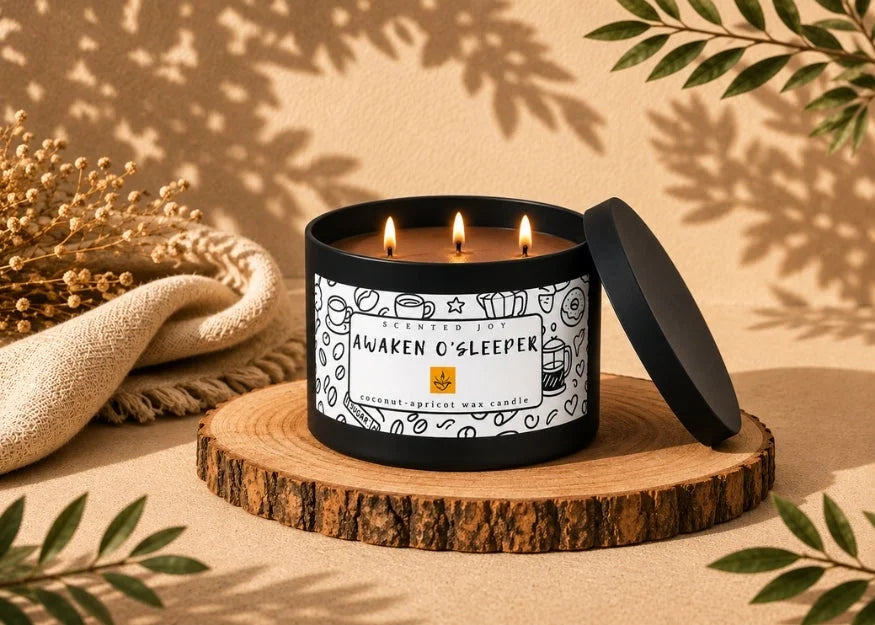 Black 3-wick coconut-apricot wax candle on a wooden slice in a cozy sunlit room.