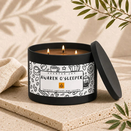 Lit Awaken O'Sleeper two-wick coconut-apricot wax candle in a matte black jar.
