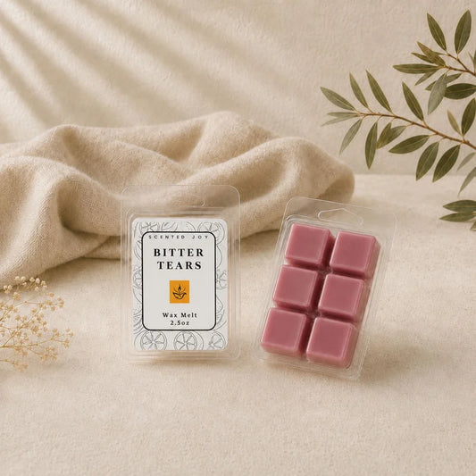 Scented Joy Bitter Tears wax melts in a clamshell pack on a minimalist linen background.