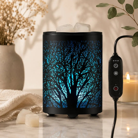 Black tree design electric wax melt warmer with blue light and timer switch.