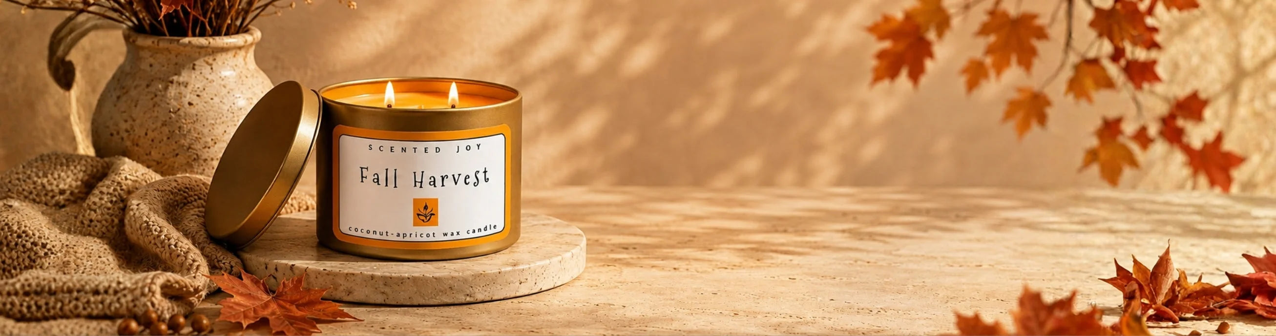 Lit Fall Harvest coconut-apricot wax candle on a marble coaster with cozy autumn decor.