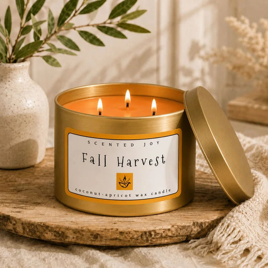 Scented Joy Fall Harvest 3-wick coconut-apricot wax candle in a gold tin.