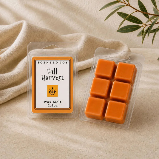 Fall Harvest scented orange wax melt cubes in clear clamshell packaging.