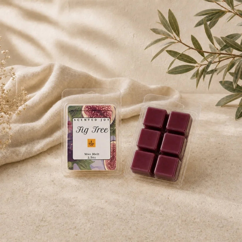 Scented Joy Fig Tree purple wax melt cubes in clear plastic packaging.