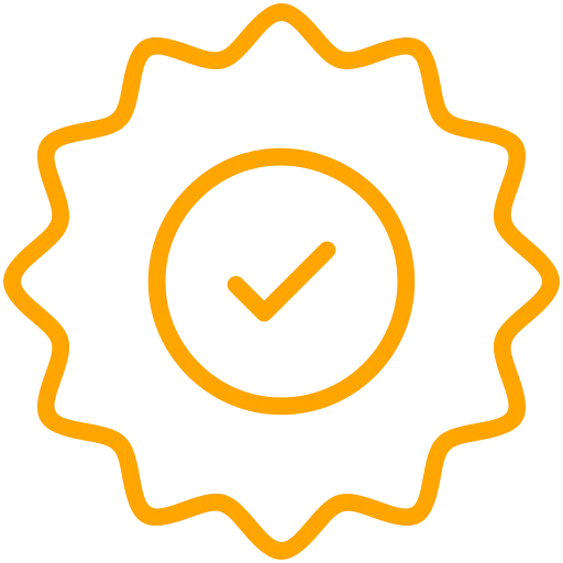 Orange outlined scalloped badge icon with a checkmark inside a circle