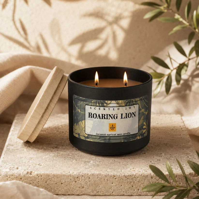 Lit Roaring Lion scented candle in black jar on stone with leaf shadows