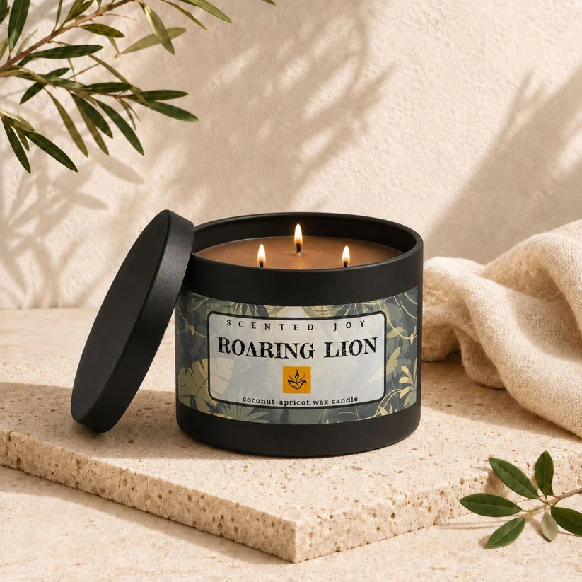 Roaring Lion coconut-apricot wax candle in a matte black jar on a stone base.