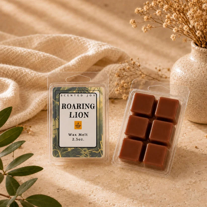 Scented Joy Roaring Lion brown wax melts 2.5oz pack in a cozy, aesthetic setting