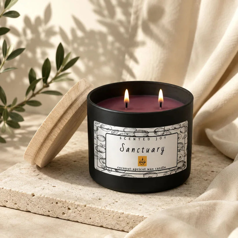 Scented Joy Sanctuary double wick candle in black jar on stone base.