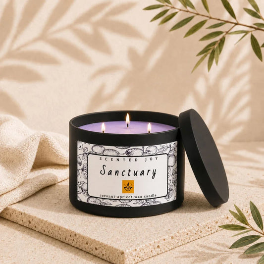 Scented Joy Sanctuary coconut-apricot wax candle in a black jar with two lit wicks.
