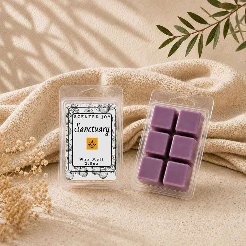 Purple Scented Joy Sanctuary wax melt cubes on a textured beige fabric backdrop.