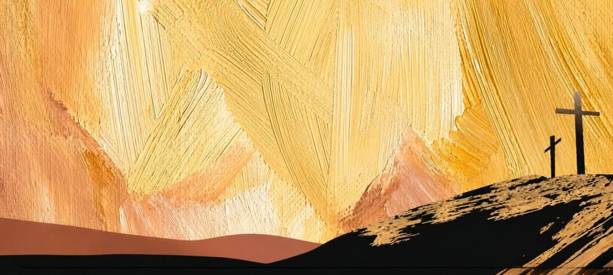 Religious oil painting featuring two crosses on a hill with golden impasto brushstrokes.