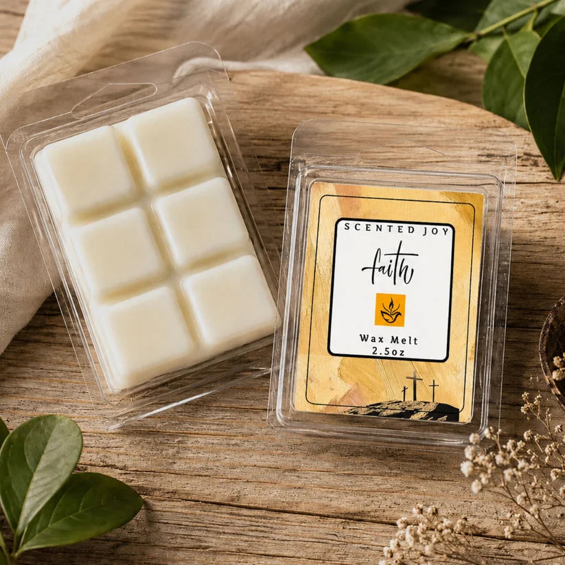 Scented Joy Faith wax melt 2.5oz clamshell on a rustic wooden table with greenery.