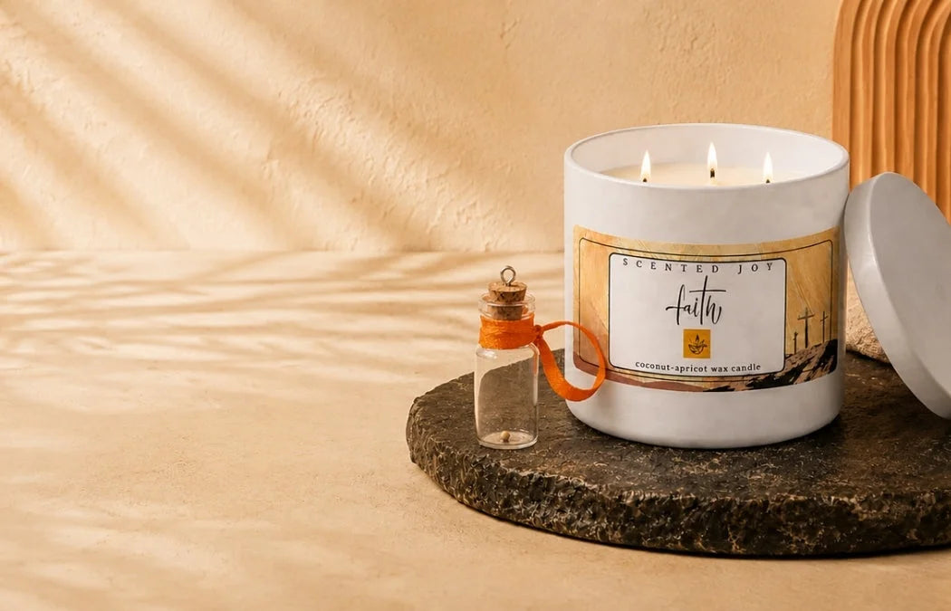 Three-wick Faith scented candle in white jar next to a small glass vial on a stone coaster.