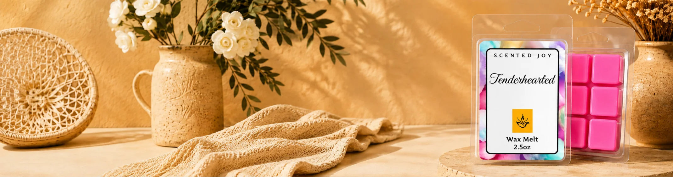 Scented Joy Tenderhearted wax melts in a warm rustic setting with white flowers and soft sunlight.