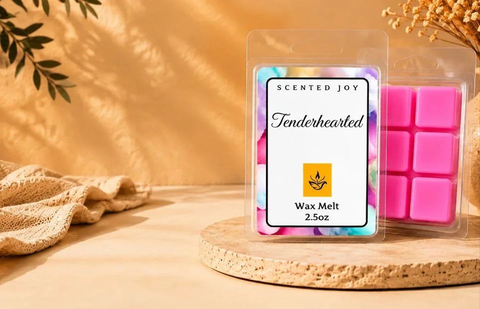 Scented Joy Tenderhearted wax melt clamshell on a stone coaster with sun shadows.