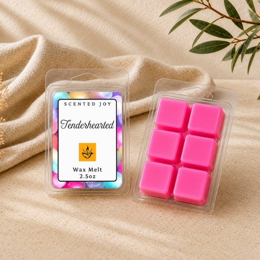 Scented Joy Tenderhearted wax melt cubes in a 2.5 oz clamshell pack on wood surface.