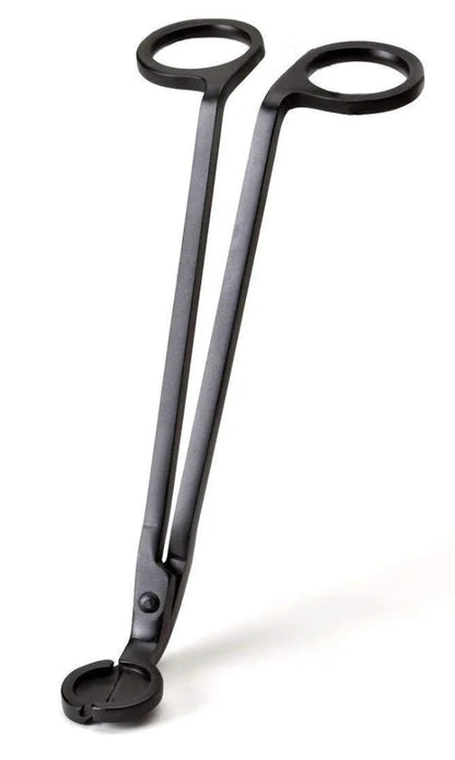 Matte black metal candle wick trimmer with finger loops on white background.