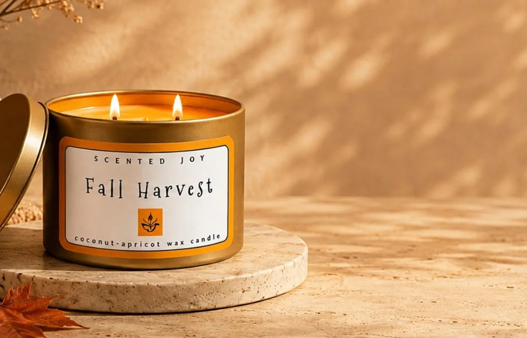 Scented Joy Fall Harvest coconut-apricot wax candle in gold tin with two lit wicks.