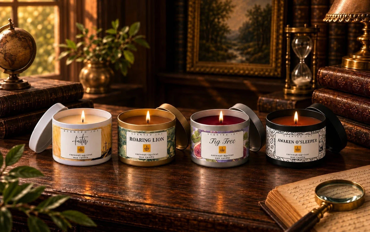 Four lit Scented Joy coconut-apricot wax candles on a vintage wooden desk in a library.