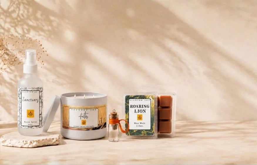 Scented Joy home fragrance set with candle, room spray, and wax melts in a minimalist setting.