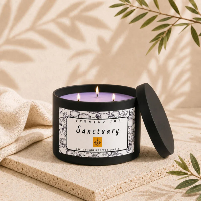 Three-wick Sanctuary coconut-apricot wax candle in a black jar with purple wax.