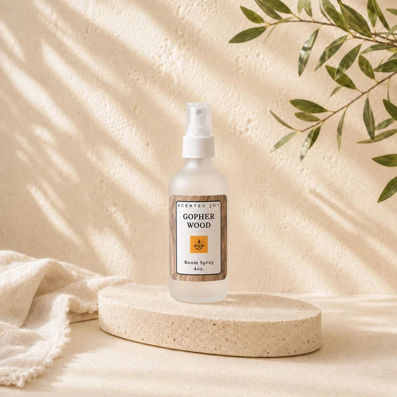 Scented Joy Gopher Wood room spray bottle on stone podium with leafy shadows